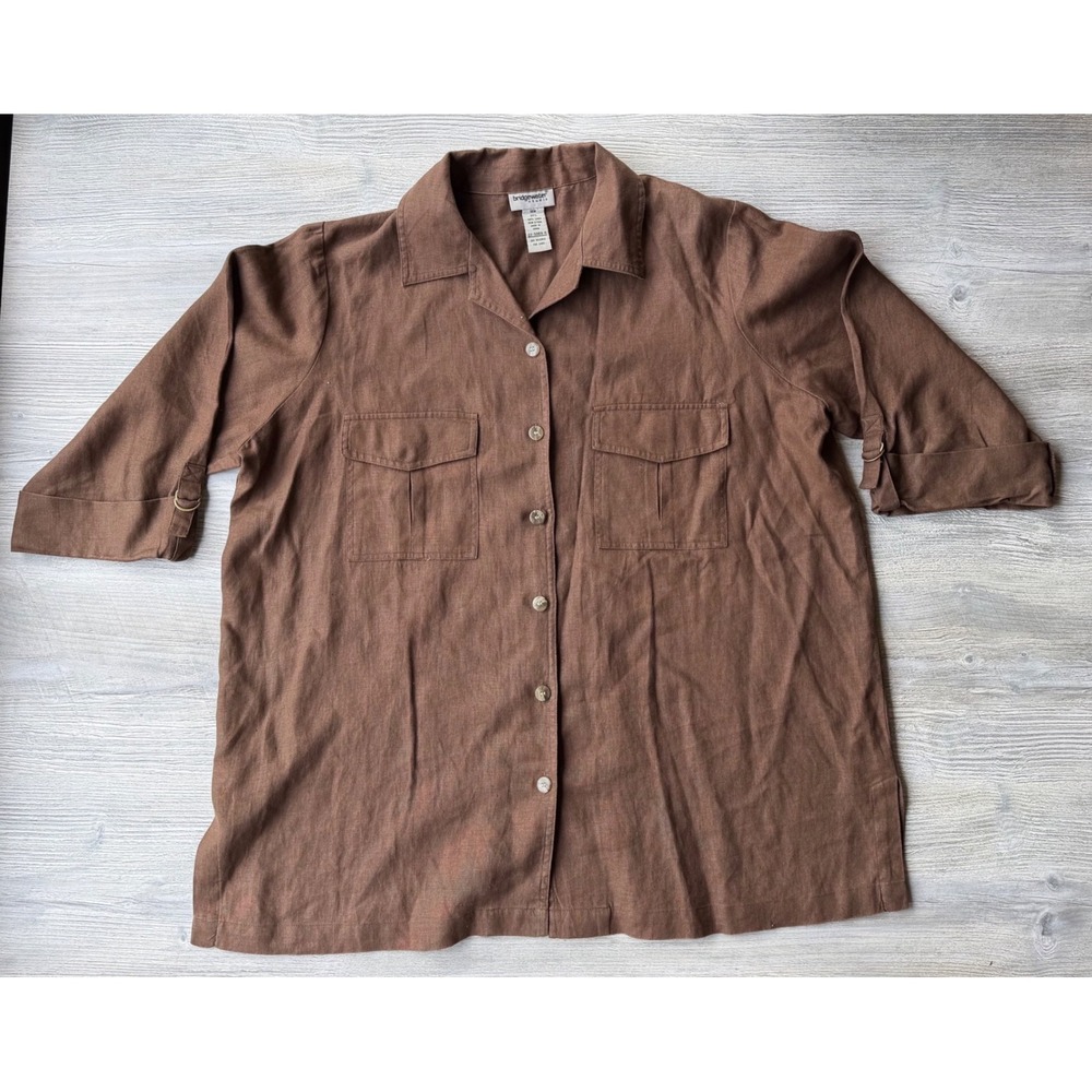 Bridgewater Studio Brown 100% Linen Roll Tab Utility Shirt 18W Plus Academia